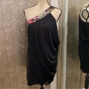 Trina Turk One-Shoulder  silk Black Dress with Floral Detail, US2